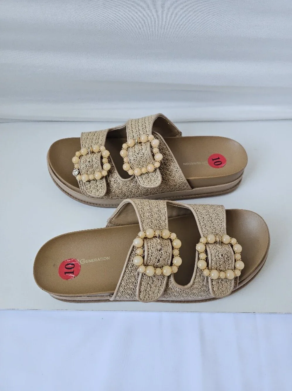BCBGeneration Beau Raffia Beaded Buckle Slide Sandals - Size 10